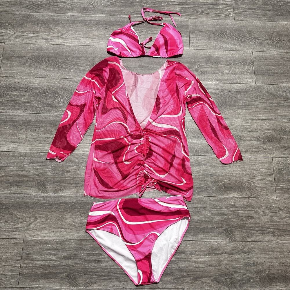 SHEIN Bikini Swim Suit 2XL Pink Abstract Swirl 3 Pc Set Coverup Top Bottom Beach